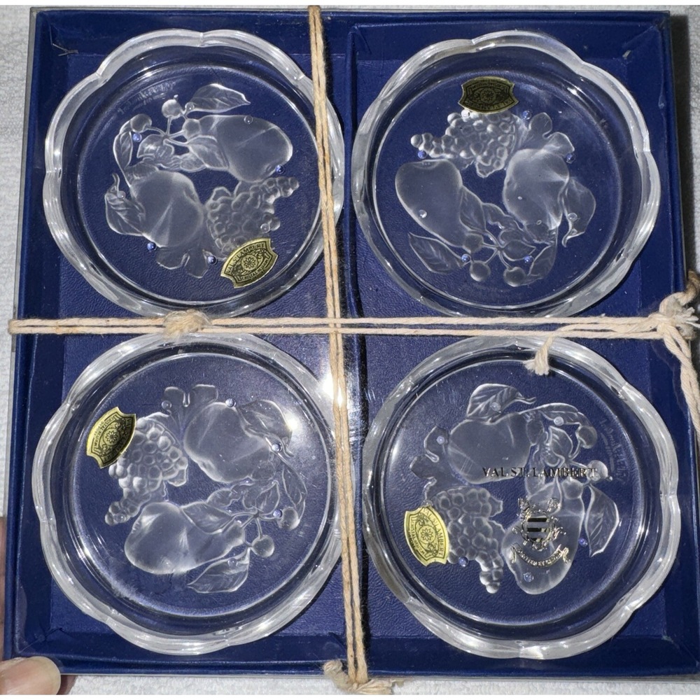Vintage‎ Val St Lambert clear crystal Brussels Intaglio coasters Set of 4